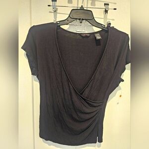 New York & Company Stretch Faux Wrap Top Black Short Sleeve Size L